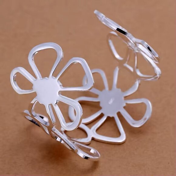 Sterling Silver 925 Floral Cutout Cuff Bracelet – Adjustable #1506 - Picture 4 of 5
